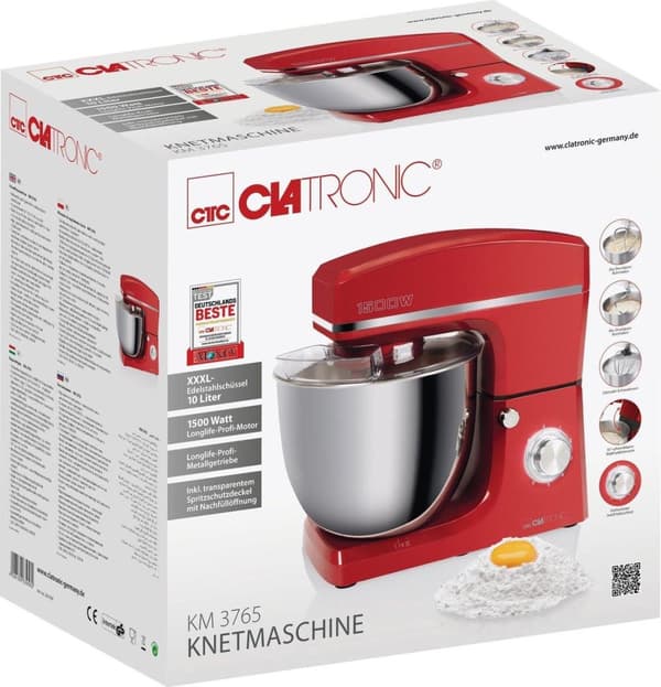 Clatronic KM 3765 æltemaskine, 1500 W, 8 hastigheder, 10 liters skål i rustfrit stål til max. 6-6,5 kg, stænkdæksel med genopfyldningsåbning, rød