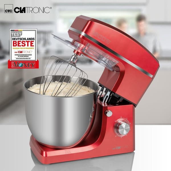 Clatronic KM 3765 æltemaskine, 1500 W, 8 hastigheder, 10 liters skål i rustfrit stål til max. 6-6,5 kg, stænkdæksel med genopfyldningsåbning, rød