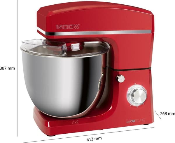 Clatronic KM 3765 æltemaskine, 1500 W, 8 hastigheder, 10 liters skål i rustfrit stål til max. 6-6,5 kg, stænkdæksel med genopfyldningsåbning, rød