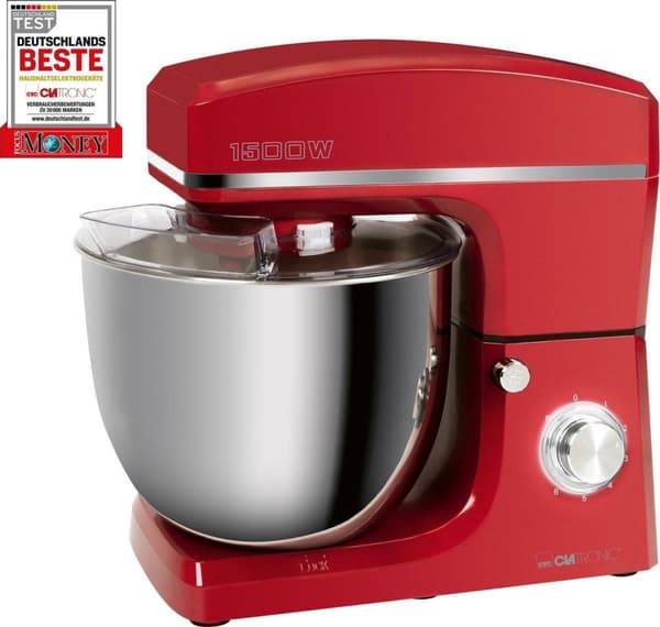 Clatronic KM 3765 æltemaskine, 1500 W, 8 hastigheder, 10 liters skål i rustfrit stål til max. 6-6,5 kg, stænkdæksel med genopfyldningsåbning, rød