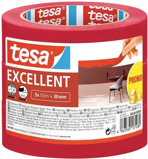 tesa EXCELLENT 56548-00000-00 Maskeringstape Rød (L x B) 50 mx 30 mm Pakke med 3 (56548-00000-00)