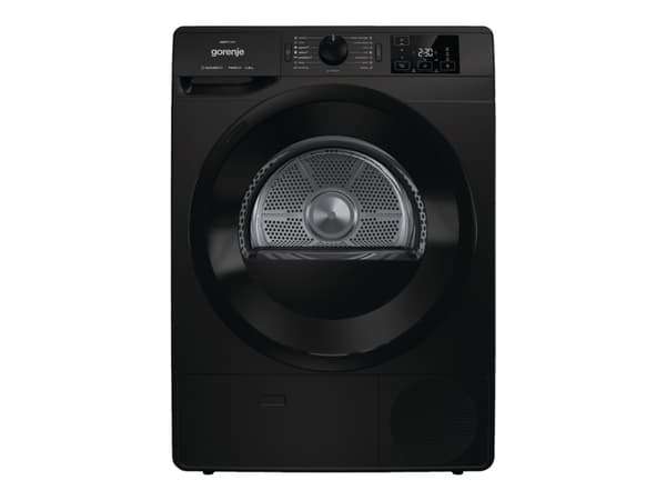 Gorenje DNE82BGN, Vapaasti seisova, Edestä täytettävä, Lämpöpumppu, Musta, Painikkeet, Rotaatio, Lasiovi musta