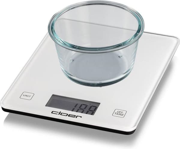 Cloer keittiövaaka, digitaalinen näyttö, kantavuus jopa 10 kg, jako 1 g, painon lisäystoiminto, lasinen punnitusastia (6871)
