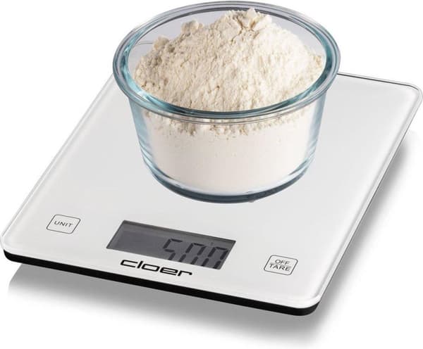 Cloer keittiövaaka, digitaalinen näyttö, kantavuus jopa 10 kg, jako 1 g, painon lisäystoiminto, lasinen punnitusastia (6871)