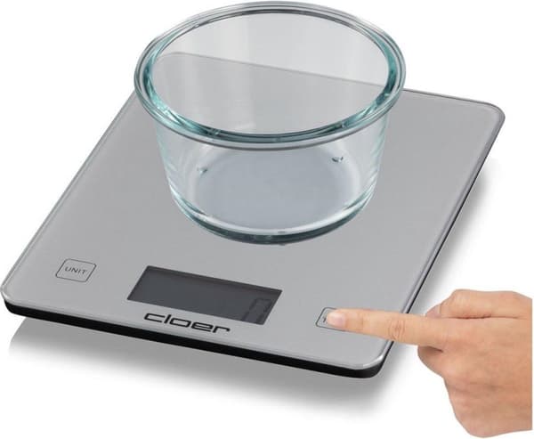 Cloer køkkenvægt, digitalt display, op til 10 kg bæreevne, 1 g inddeling, ekstravægtsfunktion, glasvægtskål (6878)
