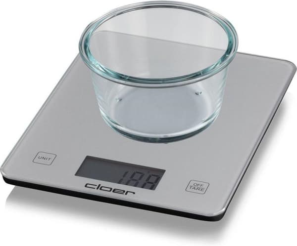 Cloer køkkenvægt, digitalt display, op til 10 kg bæreevne, 1 g inddeling, ekstravægtsfunktion, glasvægtskål (6878)