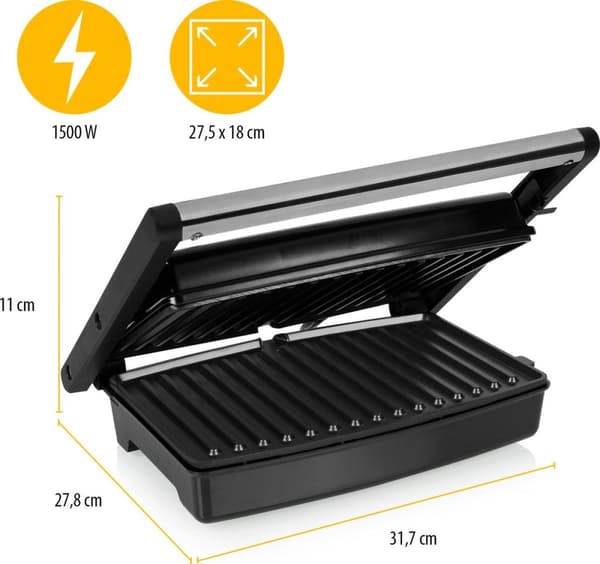 Tristar GR-2859 Kontaktgrill - Sort - Rustfrit stål - Plast - Rustfrit stål - Rektangulært - 275 x 180 mm - 230 °C - Flydende låg - Hængsel (GR-2859)