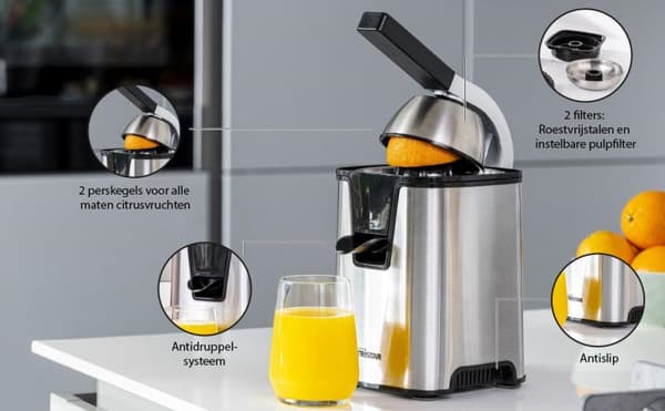 Tristar CP-3009 citrus juicer. Farve på produkt: Sort, Rustfrit stål, Skålkapacitet: 0,3 L, Ledningslængde: 1 m. Effekt: 350 W, AC indgangsspænding: 2