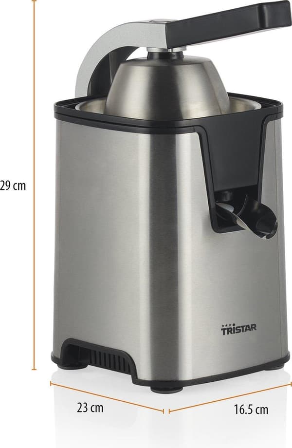 Tristar CP-3009 citrus juicer. Farve på produkt: Sort, Rustfrit stål, Skålkapacitet: 0,3 L, Ledningslængde: 1 m. Effekt: 350 W, AC indgangsspænding: 2