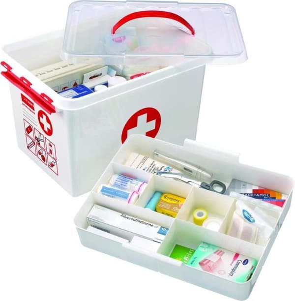 helit förvaringsbox "the q-line" - första hjälpen, 22 liter mått: (B)400 x (D)300 x (H)260 mm, tillverkad av vit plast, - 1 st (H6164805)