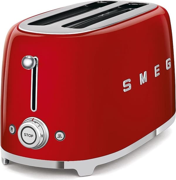 Smeg TSF02RDEU Brödrost 4 skivor Röd EGENSKAPER OCH UTRUSTNING: Målad metallkropp. 4 extra breda rostbrickor 36 mm. Automatisk centrering av toastskiv