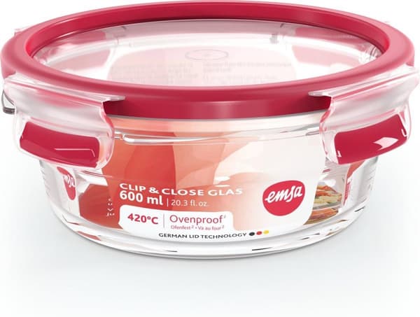 EMSA CLIP & CLOSE glas - box - rund - 0,6 l - röd - transparent - glas - 420 °C (600736)