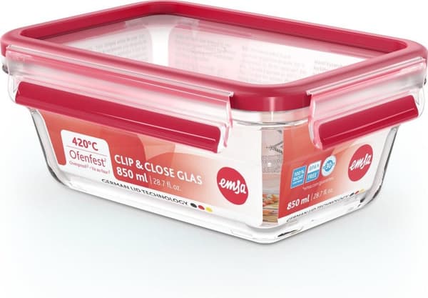 EMSA CLIP & CLOSE glas - æske - rektangulær - 0,85 l - rød - gennemsigtig - glas - 420 °C (600741)