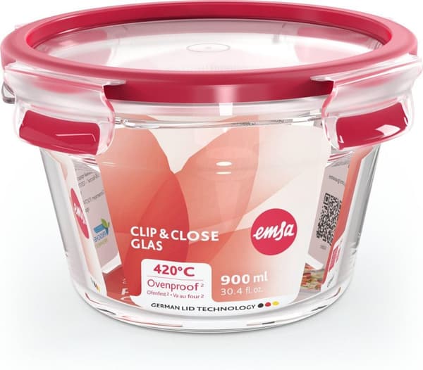 EMSA CLIP & CLOSE glas - box - rund - 0,9 l - röd - transparent - glas - 420 °C (600737)
