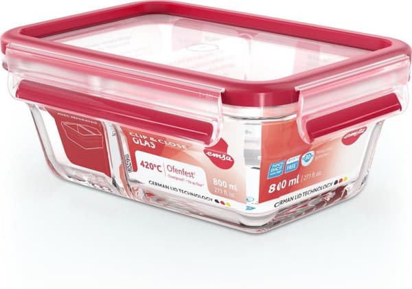 EMSA CLIP & CLOSE glas - box - rektangulär - 0,8 l - röd - transparent - glas - 420 °C (600740)