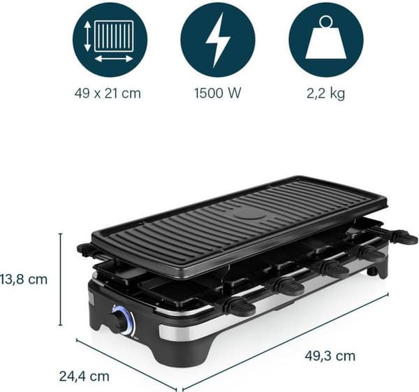 Princess 162650 - Gourmet sæt XL - Raclette 10 personer - 1500 W - Groot gourmetstel - 10 pannetjes - 49x21cm - 2 meter snoer - Sort