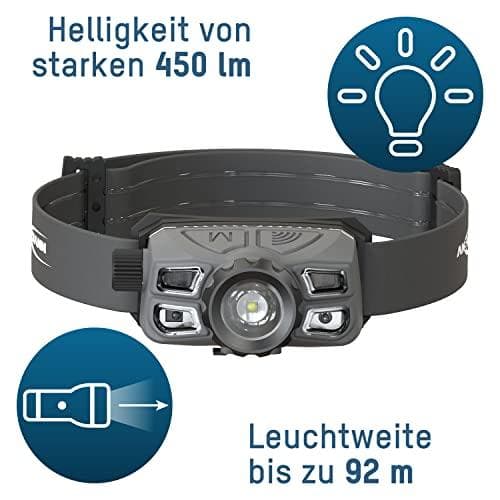 ANSMANN sensor LED-forlygte HD450FRS, 450 lumen, IP65 Li-Ion batteri, 3,7 V, 1.400 mAh, lavet af aluminium og plast, 5 - 1 stk (1600-0528)