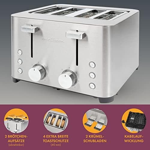 PROFI COOK 4-viipaleen leivänpaahdin PC-TA 1252, ruostumaton teräskotelo, 2 murulaatikkoa, erittäin leveä - 1 kpl (501252)