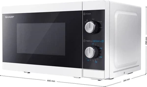 Sharp YC-MS01E-W. Apparatplacering: Bänkskiva, Produkttyp: Solo mikrovågsugn, Intern kapacitet: 20L. Ansluten effekt: 1270 W, AC inspänning: 230 V, AC