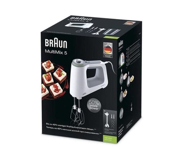 Braun MultiMix 5 HM 5107. Typ: Handmixer, Kontrolltyp: Knoppar, Rotation, Mixerfunktioner: Vispa, knåda, mixa. Produktens färg: Grå, Vit. Material kni
