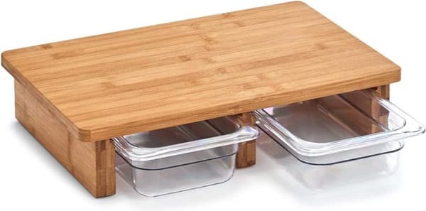 Zeller 25178 skærebræt med 2 opsamlingsbakker, bambus/plast, ca 40,5x26,5x8,5 cm