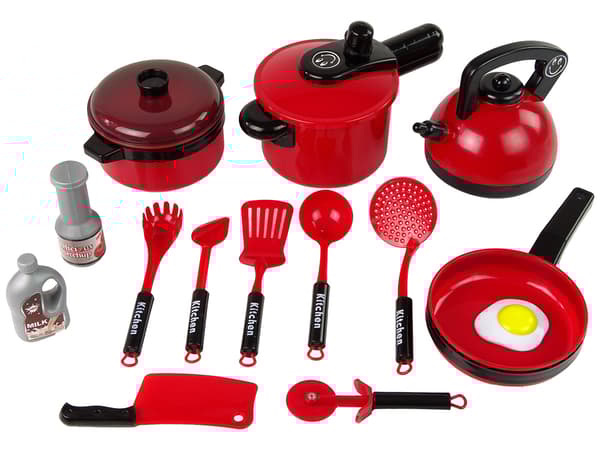 A set of red kitchen utensils pots