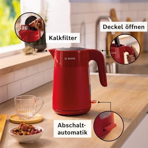 Bosch TWK2M164. Vandbeholderkapacitet: 1,7 l. Effekt: 2400 W. Farve på produkt: Sort, Grå, Rød, Husmateriale: Plastik, Vandstandsindikator, Overophedn