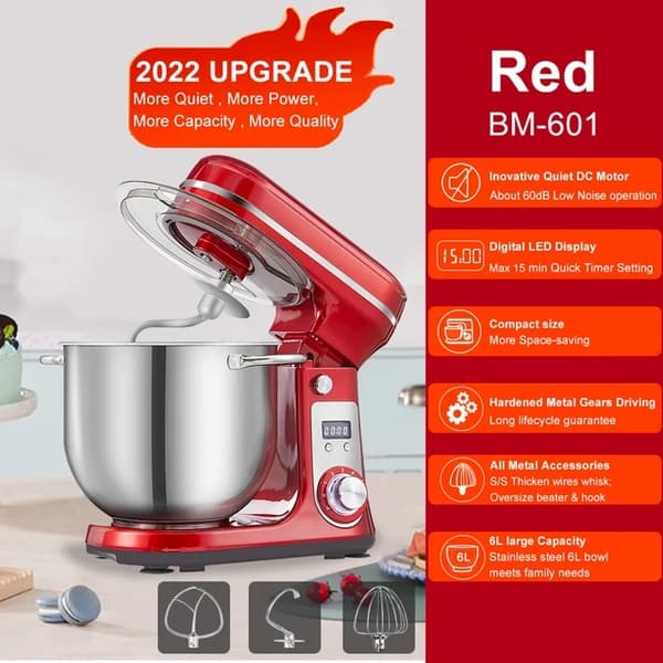 Køkken Stand Mixer, Stille Motor, 6 hastigheder, 6L Rød BM-601, EU