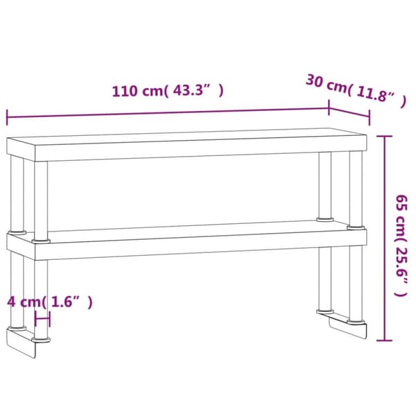 tophylde til arbejdsbord 110x30x65 cm 2 niveauer rustfrit stål