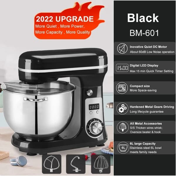Köksblandare, 6L kapacitet, Tyst 1200W motor, Rostfritt stål skål, 6L Röd BM-601, EU
