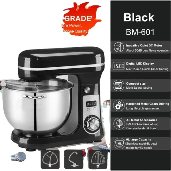 Köksblandare, 6L kapacitet, Tyst 1200W motor, Rostfritt stål skål, 6L Röd BM-601, EU