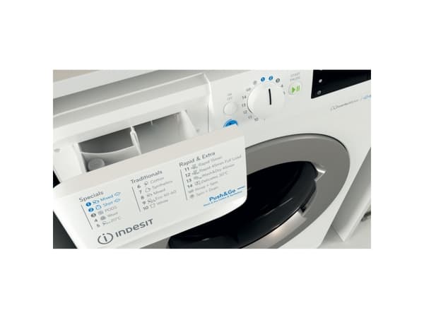 Indesit BDE 86436 WSV EE, Frontmatet, Frittstående, Hvit, Venstre, Sølv, Knapper, Rotasjon