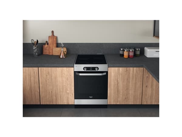 Hotpoint HS68IQ8CHX/E, Frittstående komfyr, Rustfritt stål, Knapper, Rotasjon, Berøringskontroll, Rustfritt stål, Front, Sonebasert induksjon