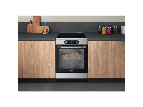 Hotpoint HS68IQ8CHX/E, Frittstående komfyr, Rustfritt stål, Knapper, Rotasjon, Berøringskontroll, Rustfritt stål, Front, Sonebasert induksjon