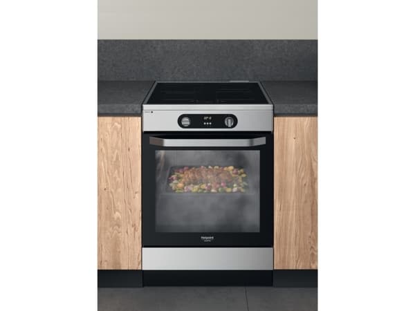 Hotpoint HS68IQ8CHX/E, Frittstående komfyr, Rustfritt stål, Knapper, Rotasjon, Berøringskontroll, Rustfritt stål, Front, Sonebasert induksjon