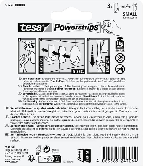 tesa Powerstrips krog LILLE rektangel, sort, lavet af højkvalitets plastik, kan bruges flere gange