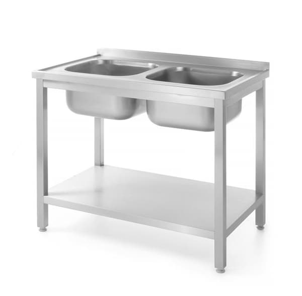 Bord med to vaske, med hylde - skruet, HENDI, Kitchen Line, Kammerplacering - i midten, 1000x700x(H)850 mm, 1000x700x(H)850mm Grundvariant