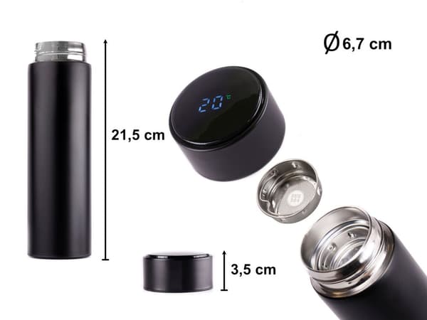 Lämpöpullomuki termos smart LED 500ml musta