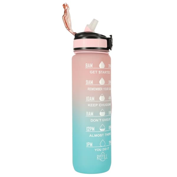 Vandflaske, flaske med sugerør, målebæger, motiverende, til træningscenteret, 1l, pink, blå