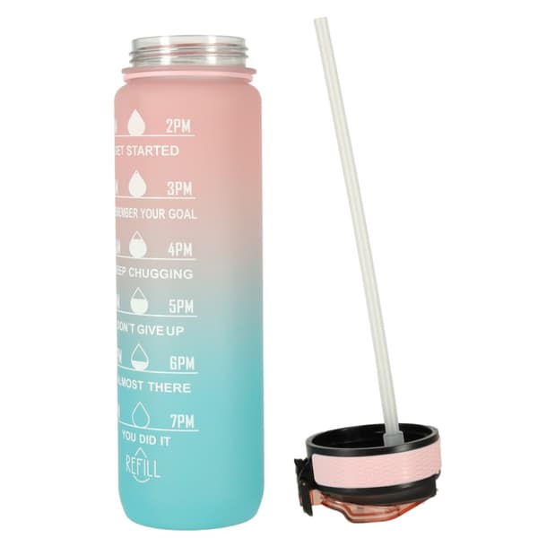 Vandflaske, flaske med sugerør, målebæger, motiverende, til træningscenteret, 1l, pink, blå