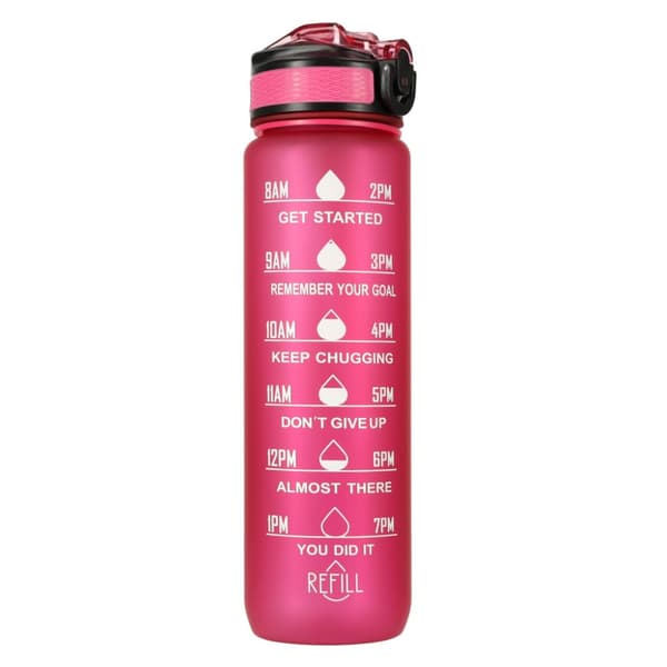 Vesipullo, pullo pillillä, kahva ja mittakuppi, motivaatio kuntosalille, 1l, pinkki