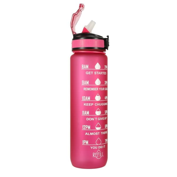 Vesipullo, pullo pillillä, kahva ja mittakuppi, motivaatio kuntosalille, 1l, pinkki