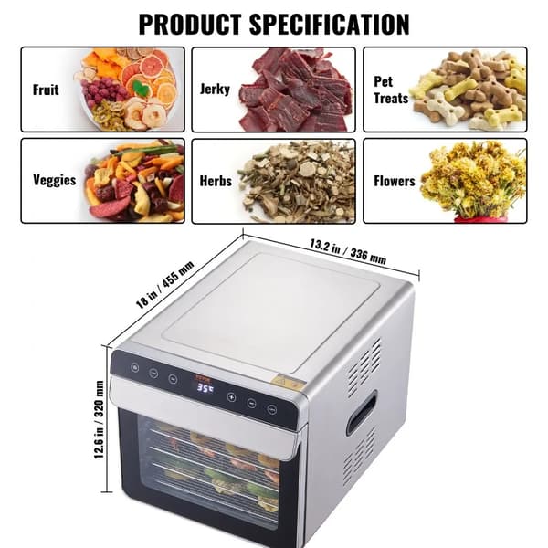 Matdehydrator, Justerbar Tid och Temperatur, Rostfritt Stål,800 W - 10 stycken