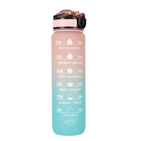 Vattenflaska, flaska med sugrör, måttkopp, motiverande, för gymmet, 1l, rosa, blå