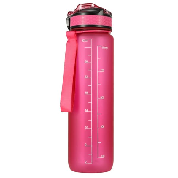 Vandflaske, flaske med sugerør, hank og målebæger, motiverende til træningscenteret, 1l, pink