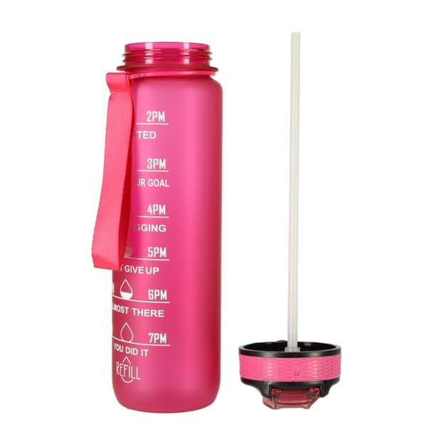 Vandflaske, flaske med sugerør, hank og målebæger, motiverende til træningscenteret, 1l, pink
