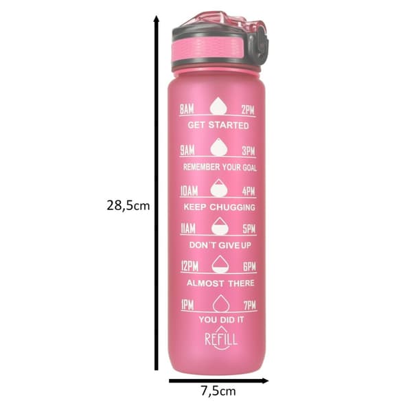 Vandflaske, flaske med sugerør, hank og målebæger, motiverende til træningscenteret, 1l, pink