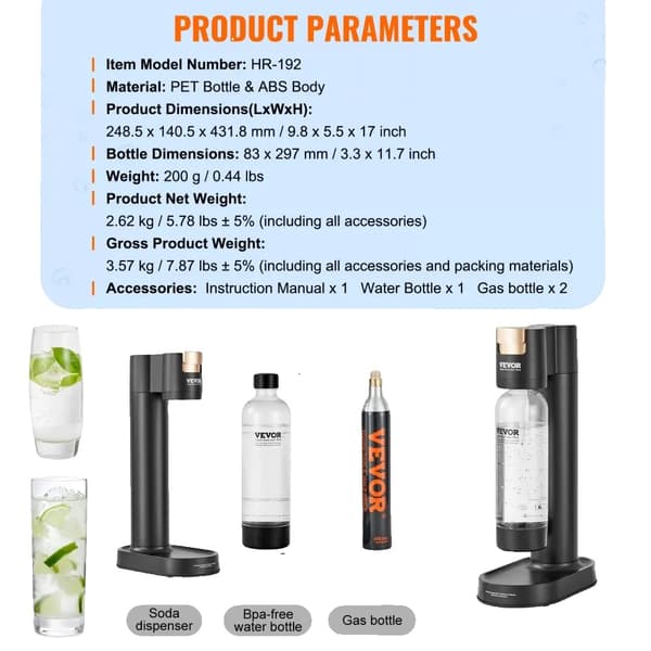 VEVOR Sprudlende Vandmaskine, BPA-fri 1L PET Flaske, Kompakt Design,1L x 1Karbonat 2CO2
