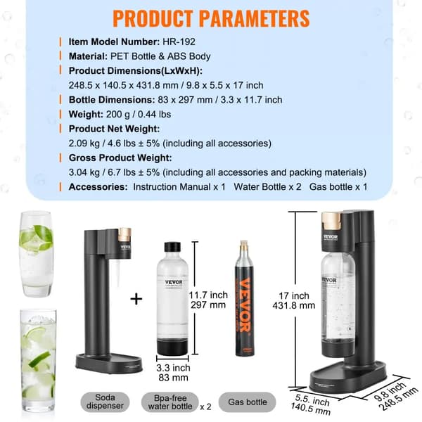 VEVOR Sprudlende Vandmaskine, BPA-fri 1L PET Flaske, Kompakt Design,1L x 2Carbonat 1CO2