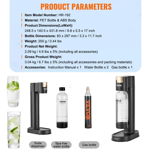 VEVOR Sprudlende Vandmaskine, BPA-fri 1L PET Flaske, Kompakt Design,1L x 2Carbonat 1CO2